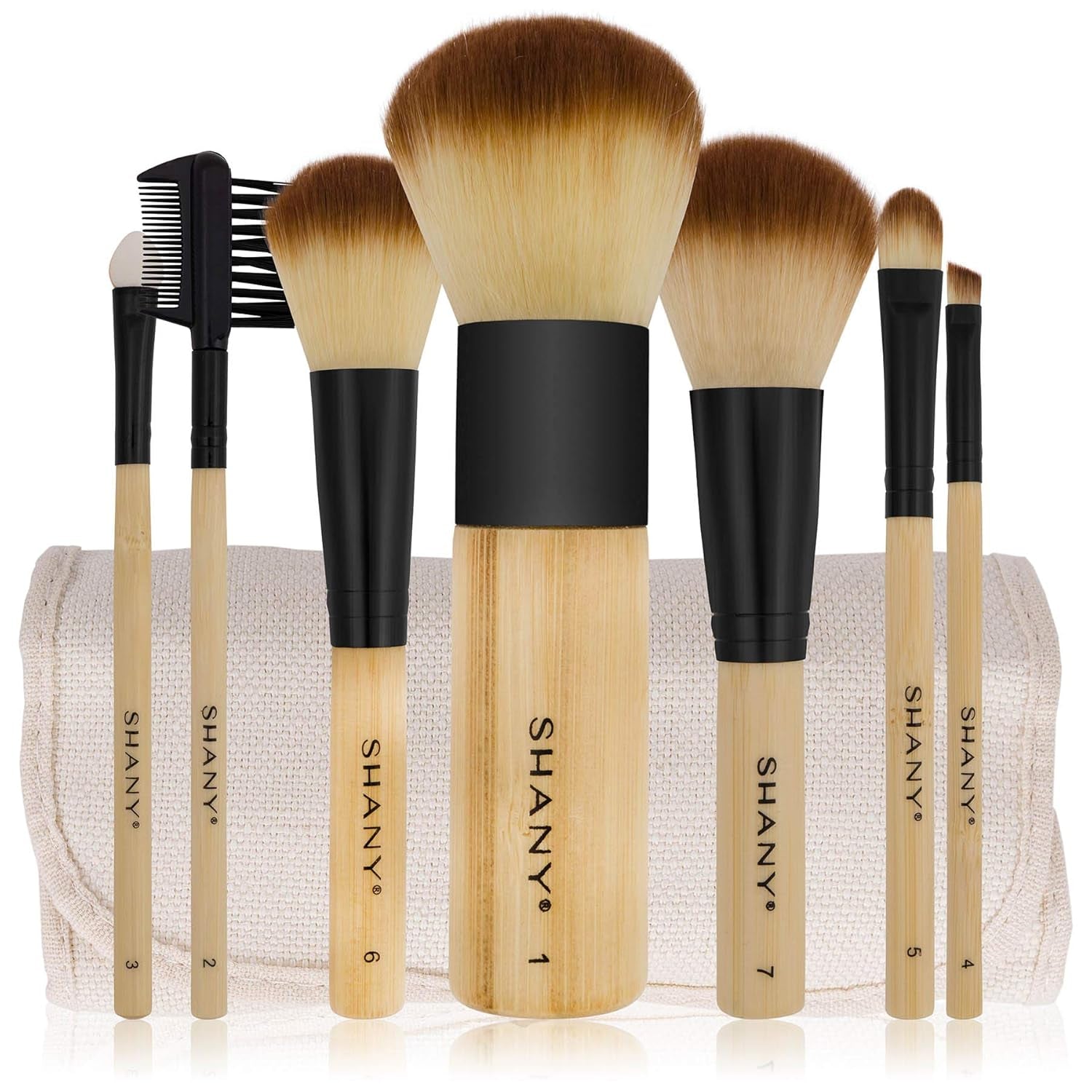 Bamboo Makeup Brush Set - Vegan Professional Makeup Brushes with Premium Synthetic Hair & Cotton Pouch for Easy Brush Storage - 7Pc