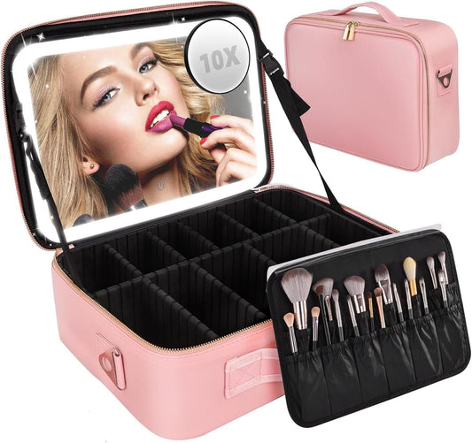 Extra Large Travel Makeup Bag with LED Mirror, Cosmetics Make up Bag with Light up Mirror with Vanity Case Makeup Organiser Bag, 3 Colour Temperature and Brightness Adjustable, Dividers Compartment