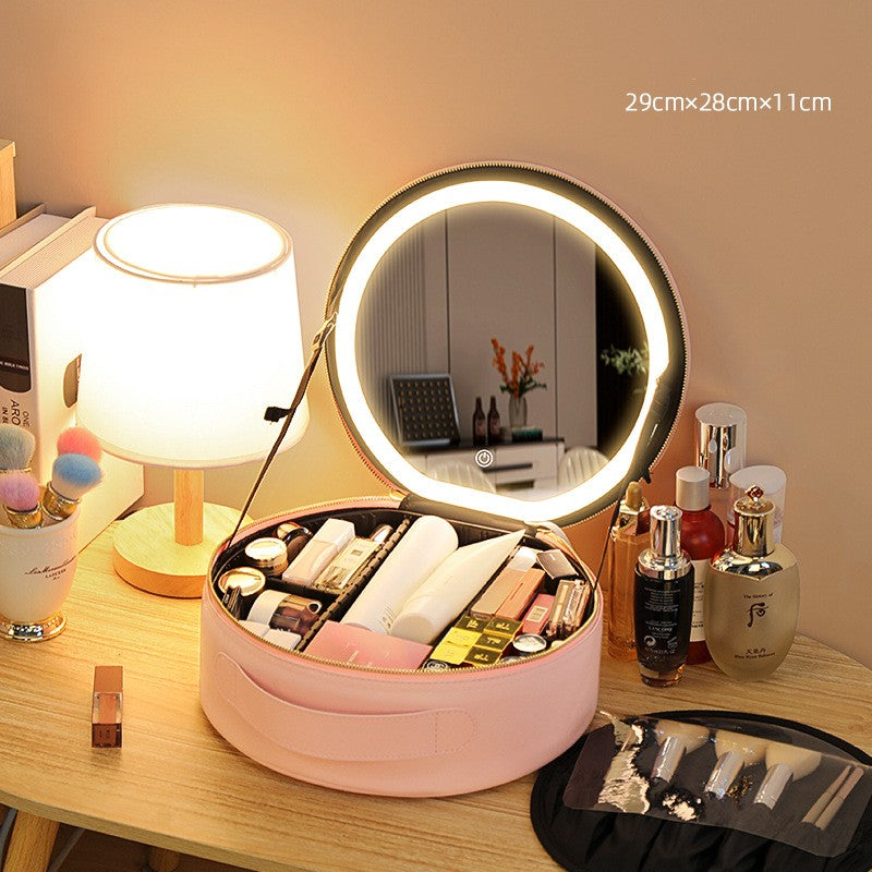 Round Smart LED Makeup Bag with Mirror Lights Women Beauty Bag Large Capacity PU Leather Travel Organizers Cosmetic Case