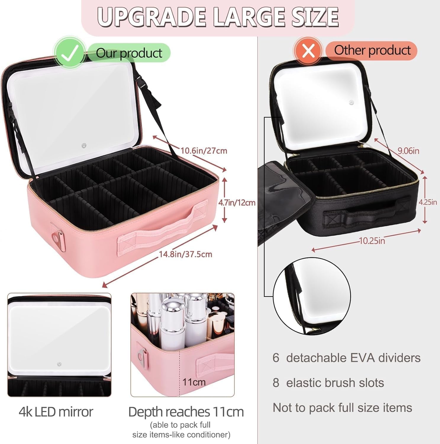 Extra Large Travel Makeup Bag with LED Mirror, Cosmetics Make up Bag with Light up Mirror with Vanity Case Makeup Organiser Bag, 3 Colour Temperature and Brightness Adjustable, Dividers Compartment