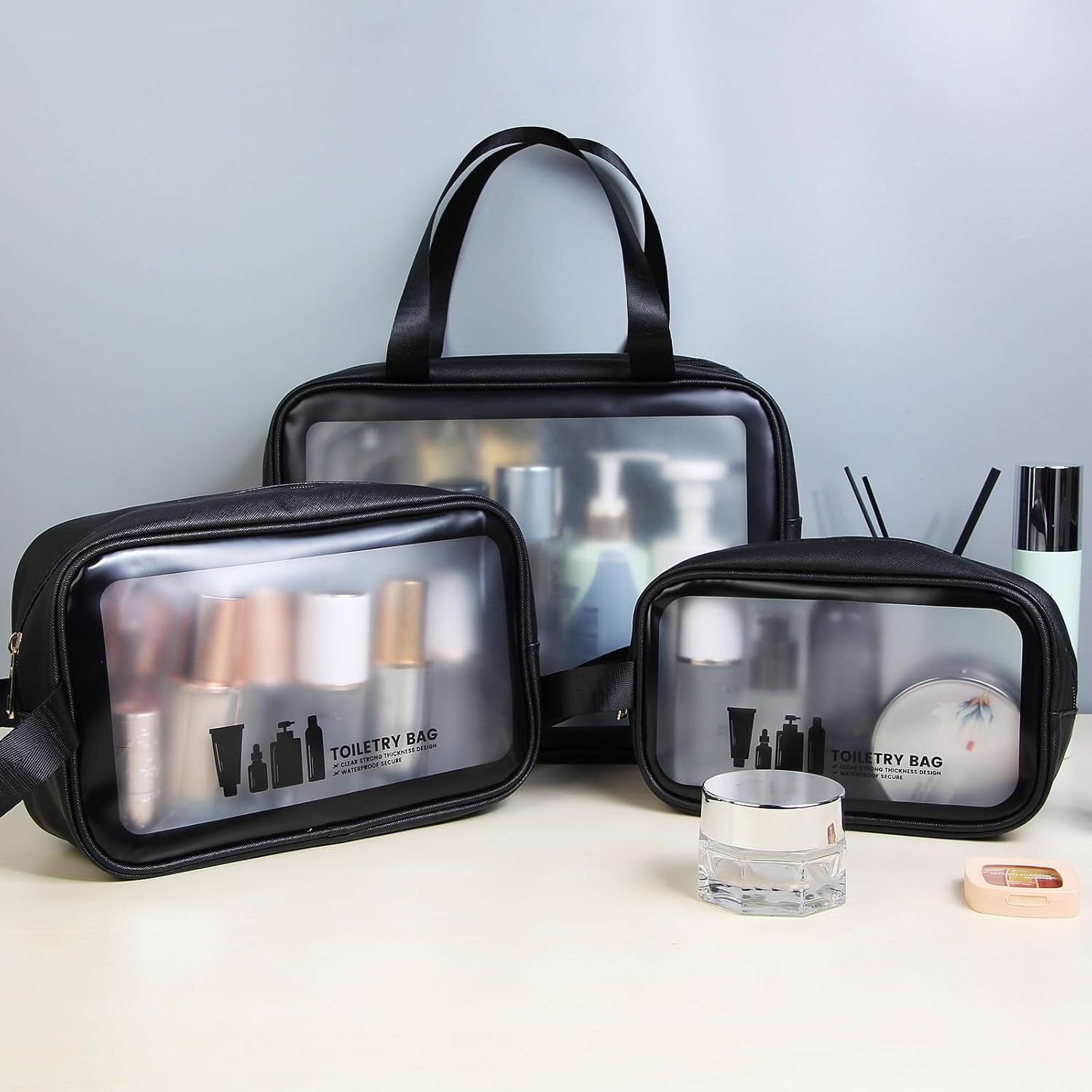 Toiletry Bag  3 PCS Clear Travel Toiletries Bag Wash Bag Translucent PVC Waterproof Makeup Bag with Zipper Toiletry Bags for Women Men(Black)