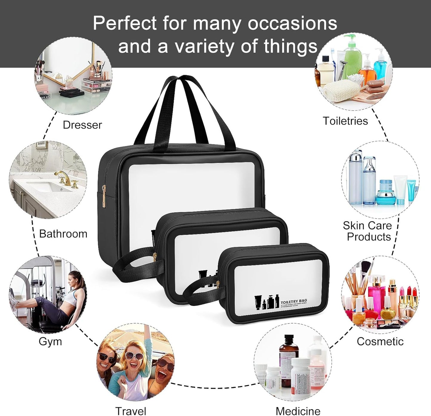 Toiletry Bag  3 PCS Clear Travel Toiletries Bag Wash Bag Translucent PVC Waterproof Makeup Bag with Zipper Toiletry Bags for Women Men(Black)