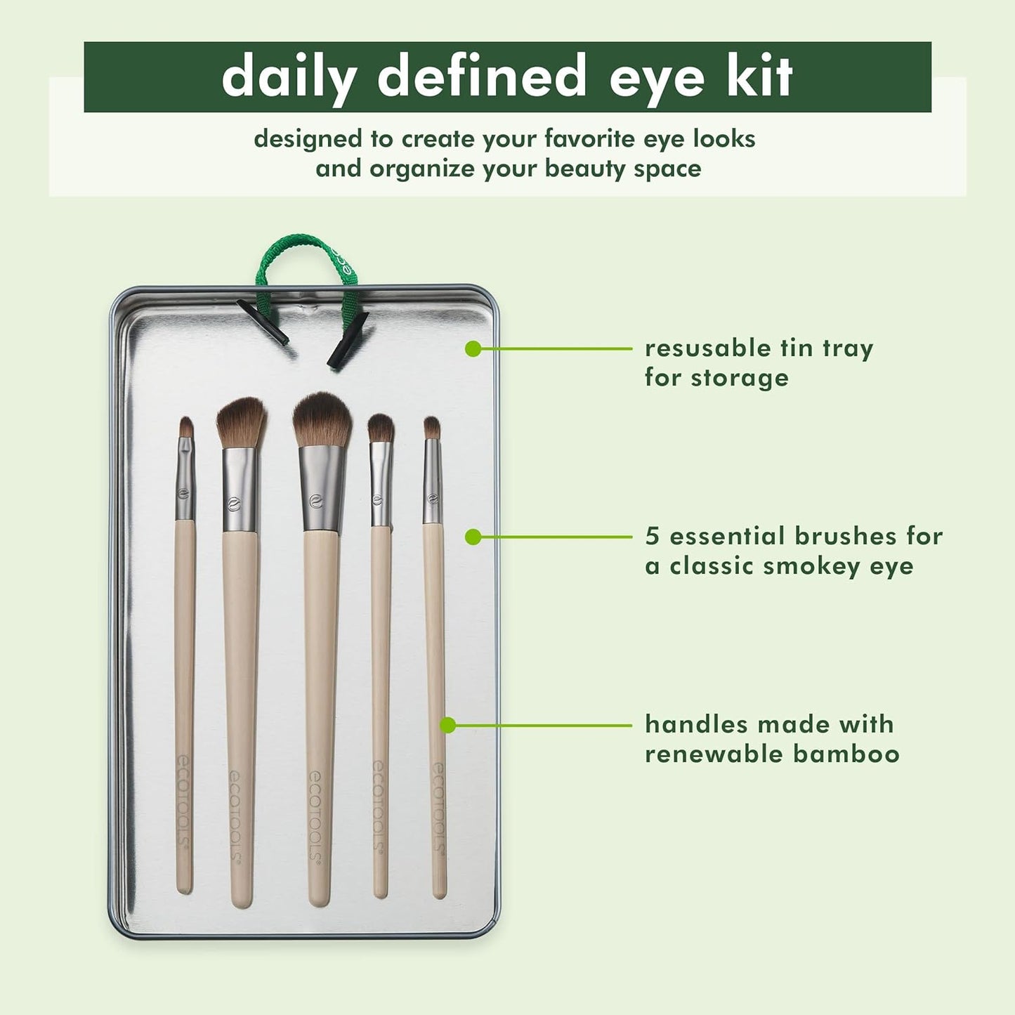 Daily Defined Eye Brush Kit + Storage Tray, Eco-Friendly Makeup Brushes for Liquid, Powder, & Cream Eyeshadow & Eyeliner Application, Synthetic Hair, Vegan and Cruelty Free, 5 Piece Set