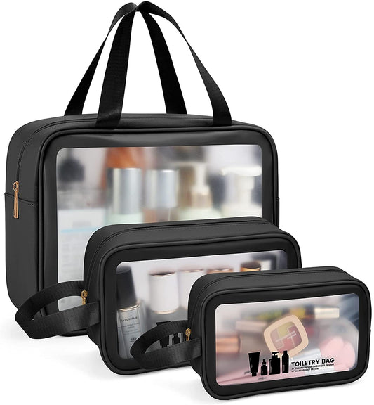 Toiletry Bag  3 PCS Clear Travel Toiletries Bag Wash Bag Translucent PVC Waterproof Makeup Bag with Zipper Toiletry Bags for Women Men(Black)