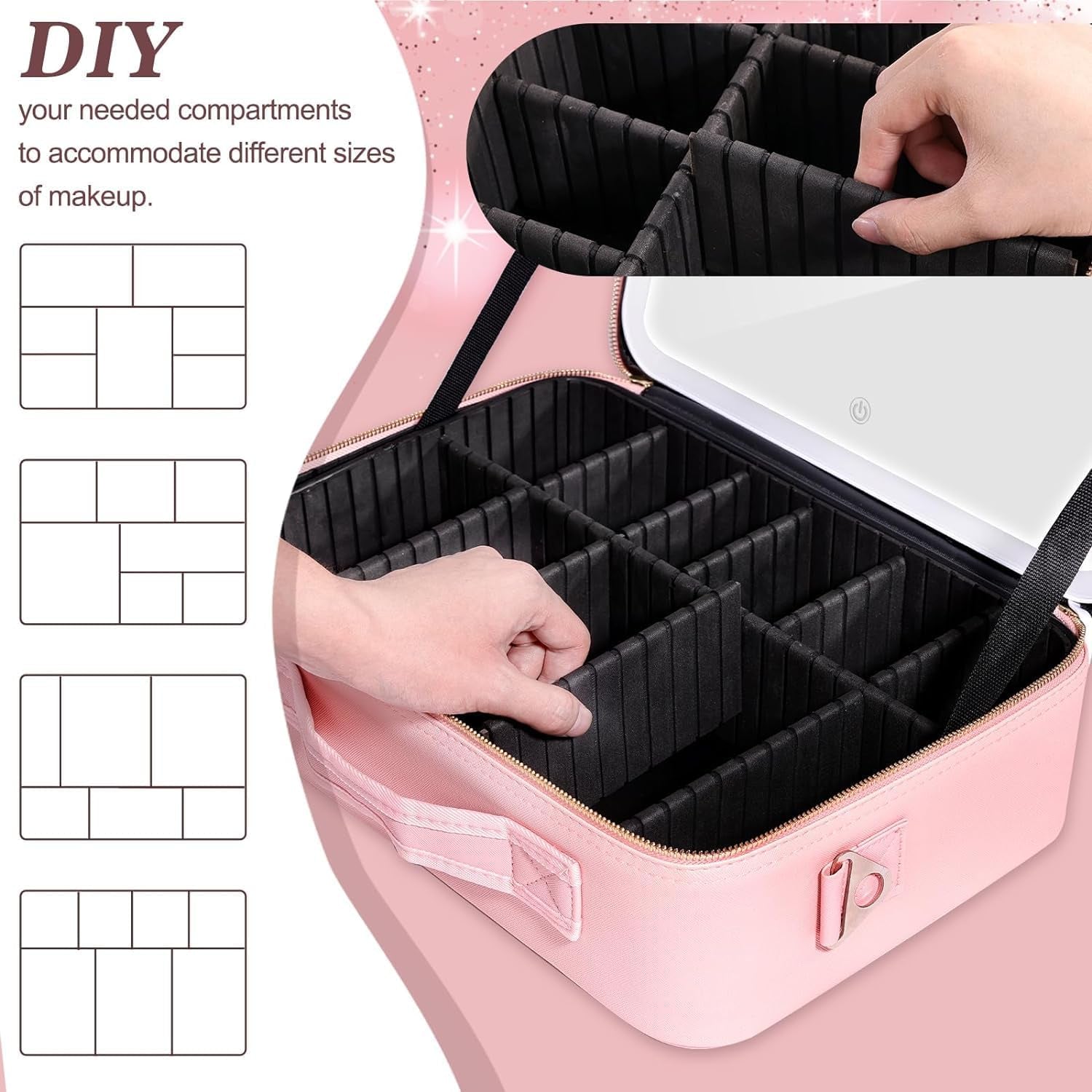 Extra Large Travel Makeup Bag with LED Mirror, Cosmetics Make up Bag with Light up Mirror with Vanity Case Makeup Organiser Bag, 3 Colour Temperature and Brightness Adjustable, Dividers Compartment