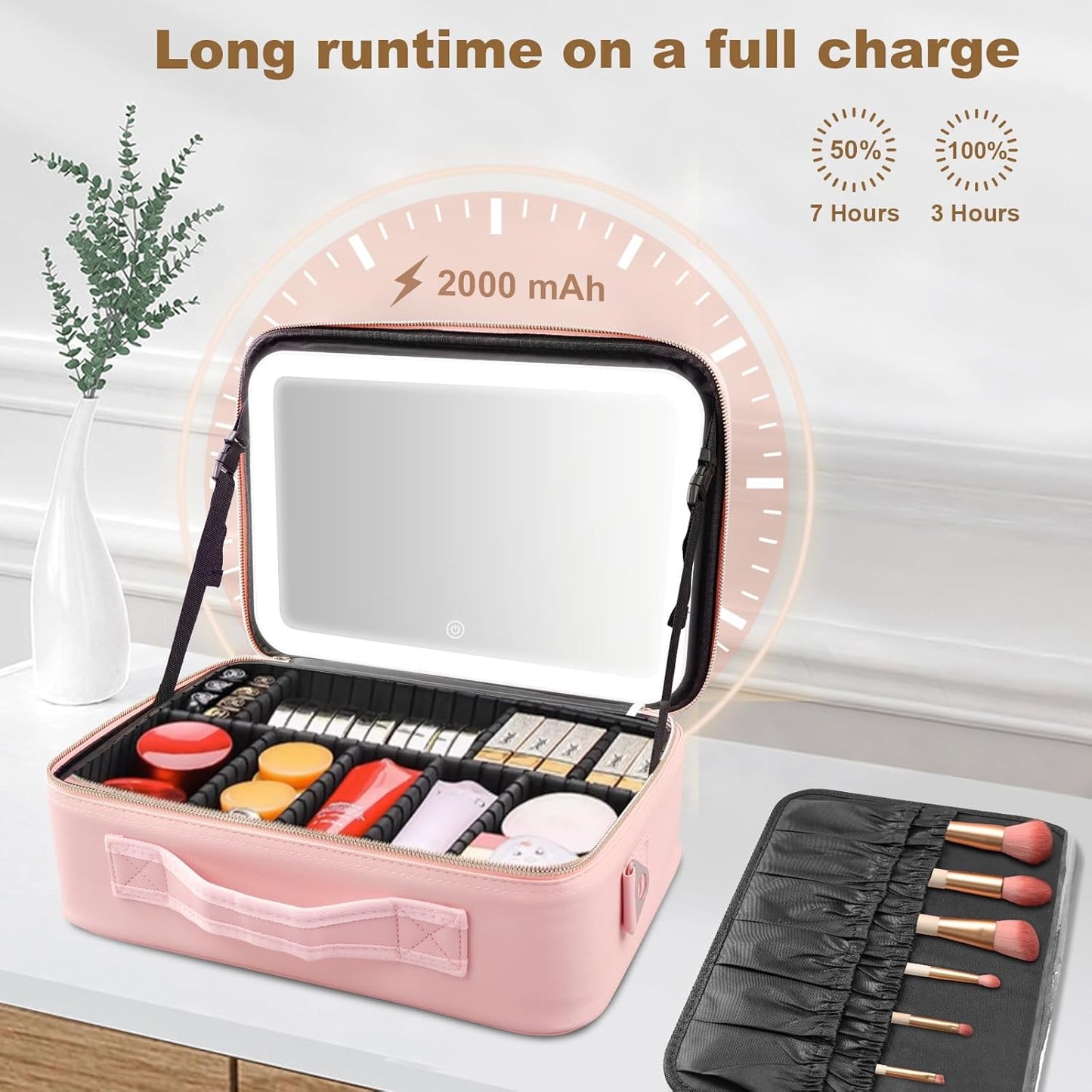 Extra Large Travel Makeup Bag with LED Mirror, Cosmetics Make up Bag with Light up Mirror with Vanity Case Makeup Organiser Bag, 3 Colour Temperature and Brightness Adjustable, Dividers Compartment